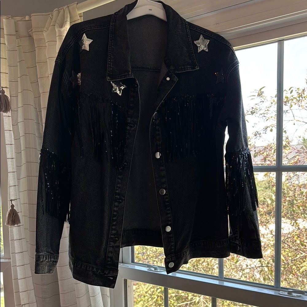Black Fringe Denim Jacket with sequin stars